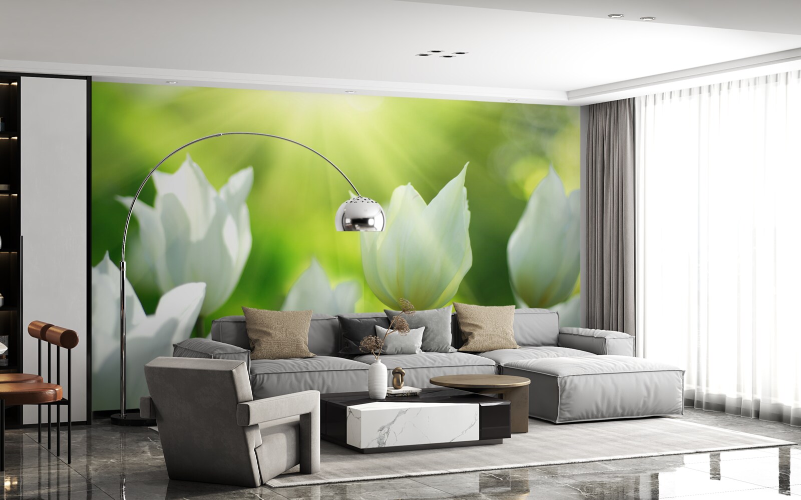 Fototapet Lalele albe ca zăpada sub razele soarelui