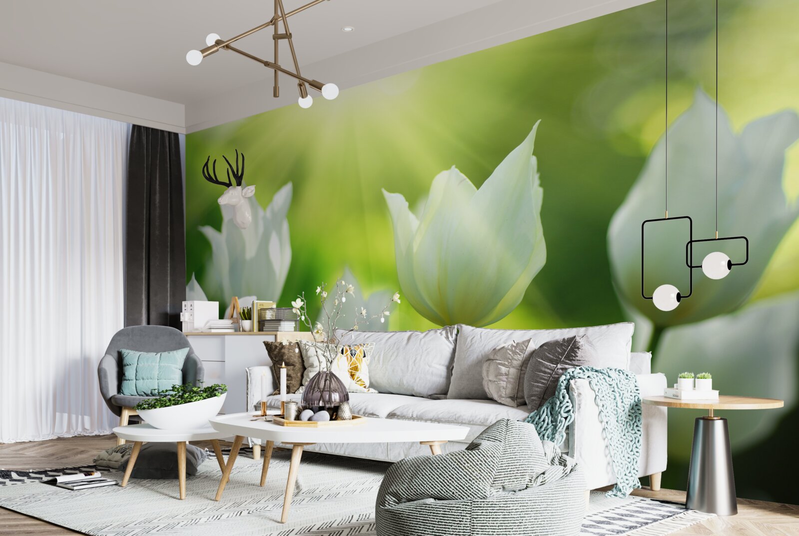 Fototapet Lalele albe ca zăpada sub razele soarelui