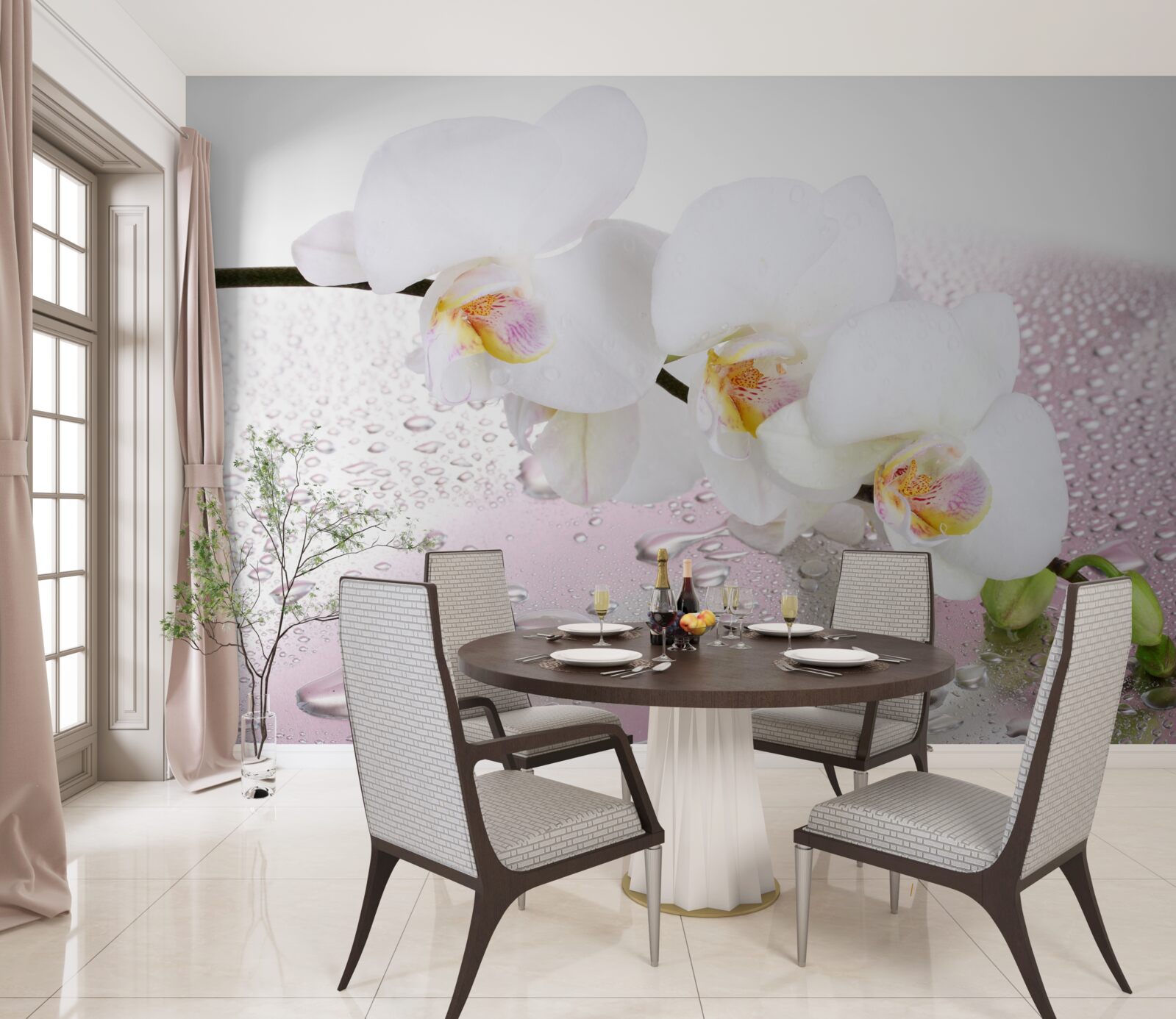 Fototapet ramură de orhidee albă umedă decorată cu picături de apă