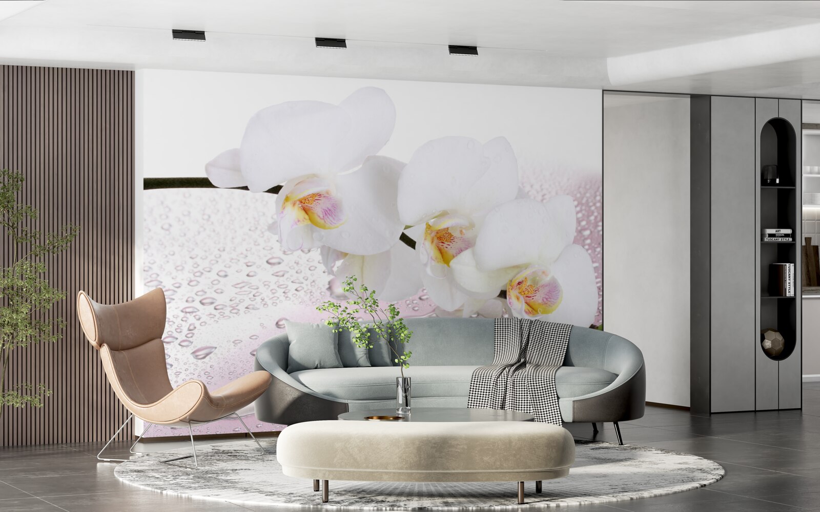 Fototapet ramură de orhidee albă umedă decorată cu picături de apă