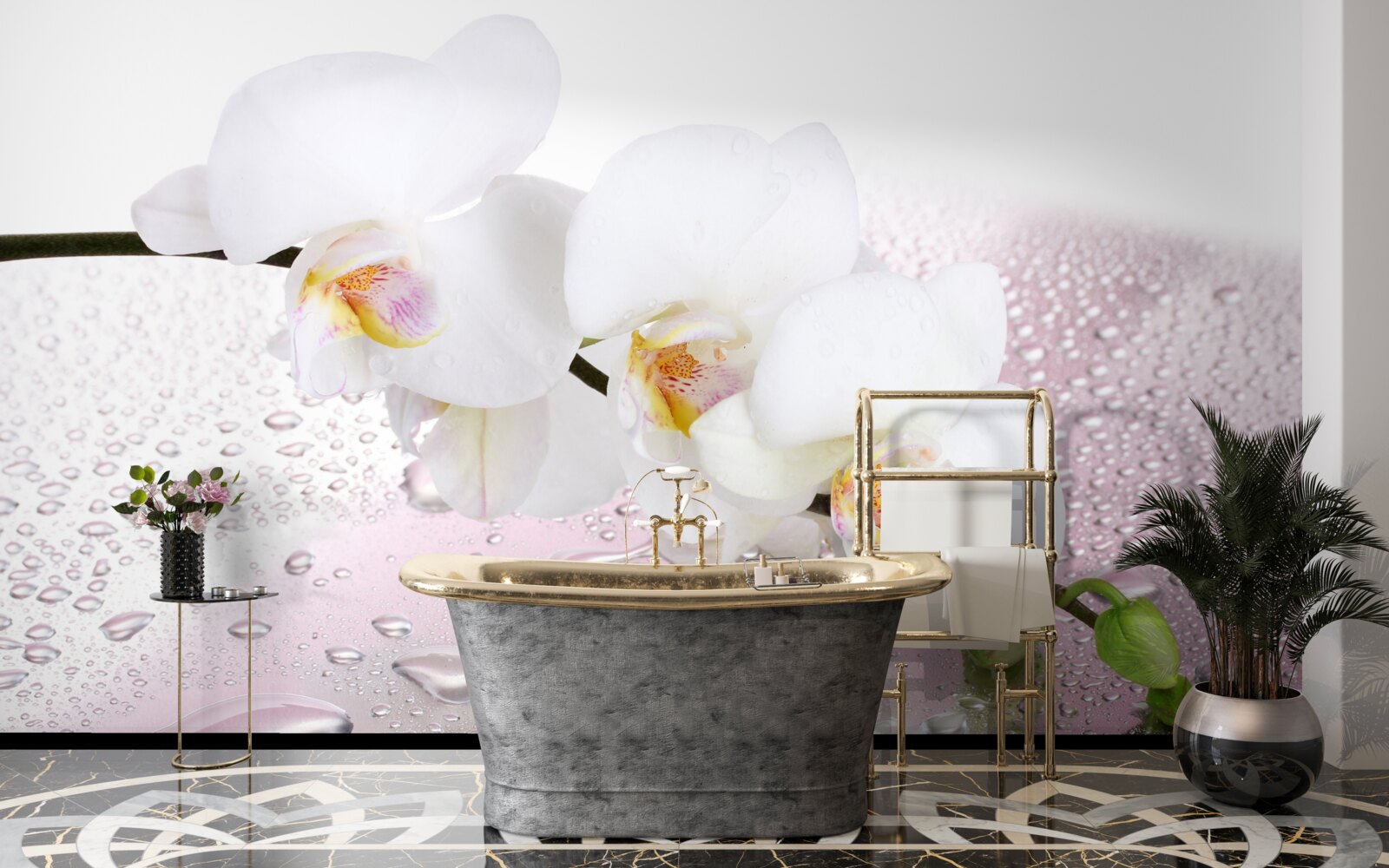 Fototapet ramură de orhidee albă umedă decorată cu picături de apă