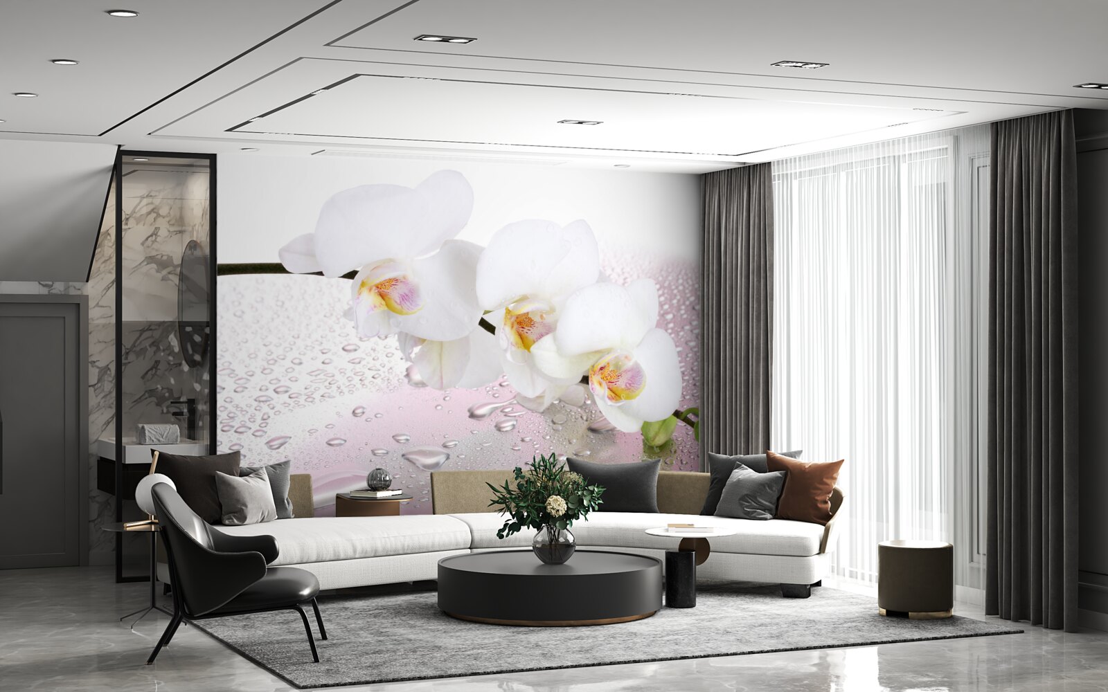 Fototapet ramură de orhidee albă umedă decorată cu picături de apă