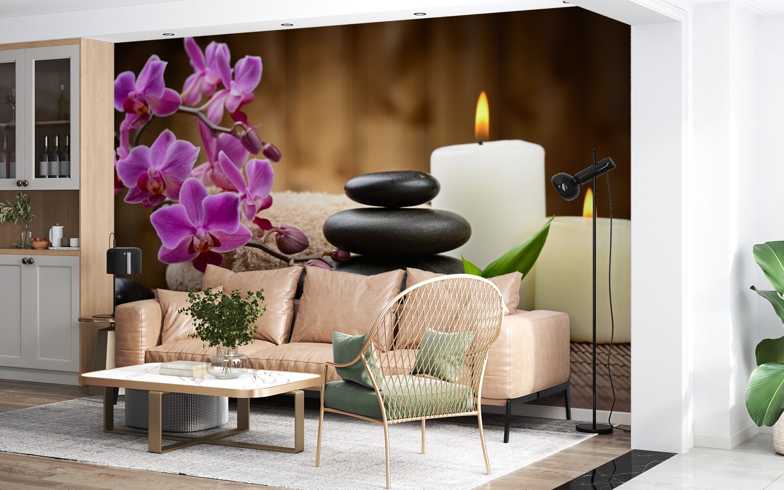 Fototapet orhidee înconjurată de lumânări și pietre