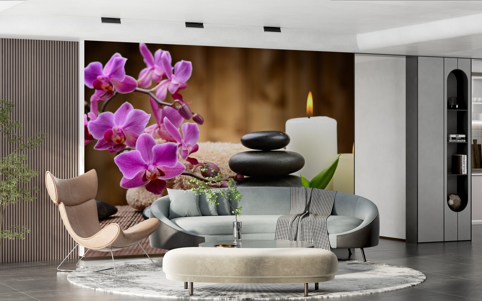 Fototapet orhidee înconjurată de lumânări și pietre