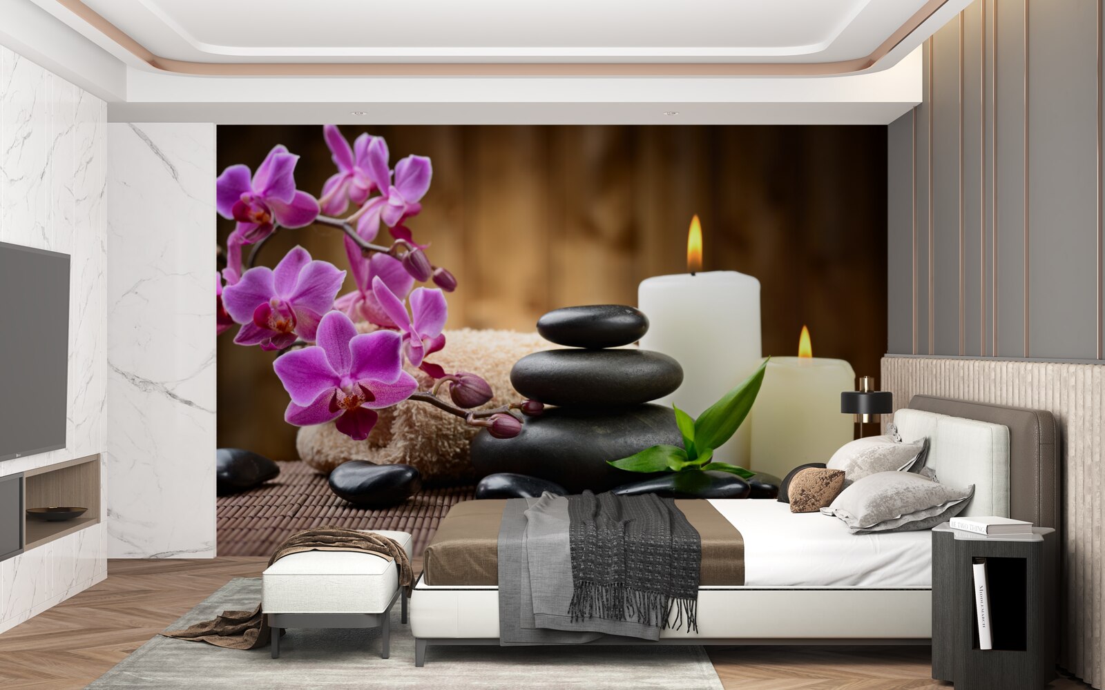 Fototapet orhidee înconjurată de lumânări și pietre