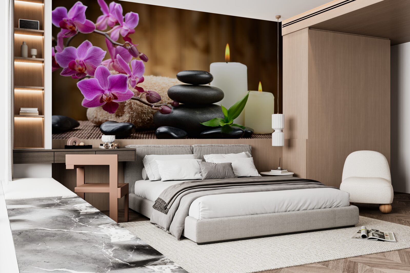 Fototapet orhidee înconjurată de lumânări și pietre