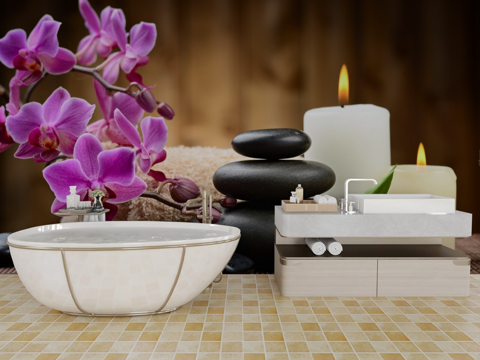 Fototapet orhidee înconjurată de lumânări și pietre