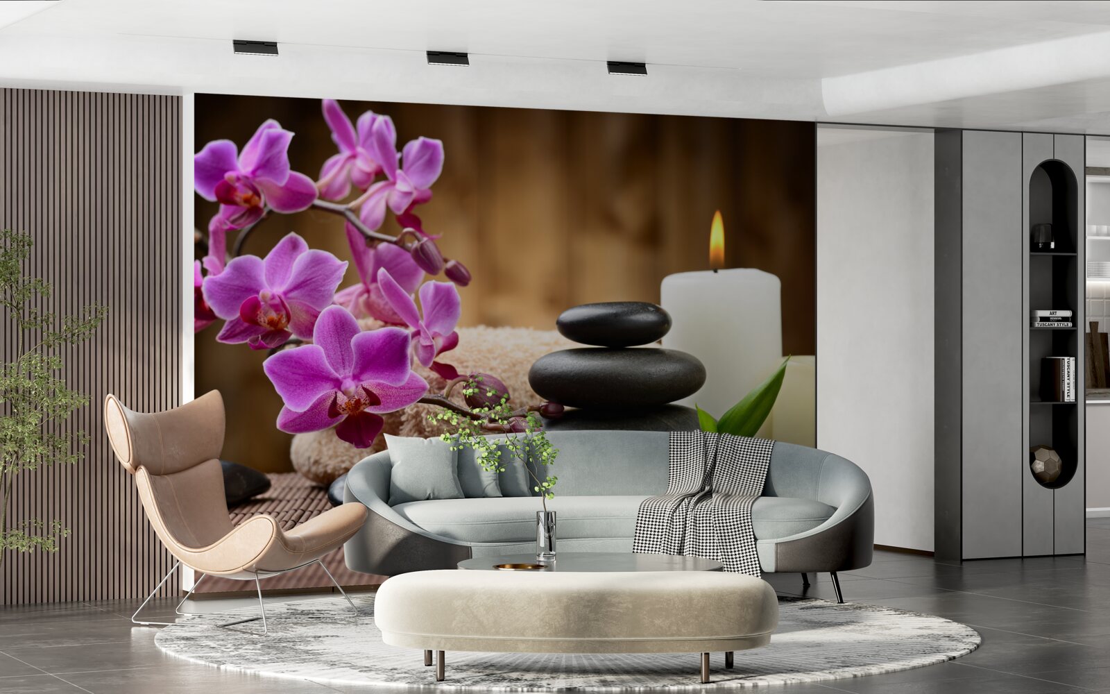 Fototapet orhidee înconjurată de lumânări și pietre