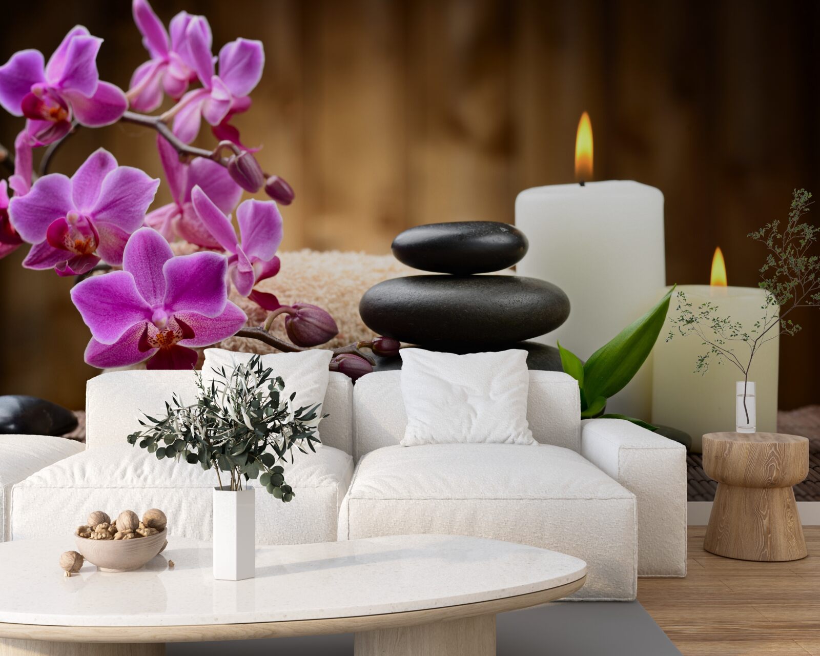 Fototapet orhidee înconjurată de lumânări și pietre