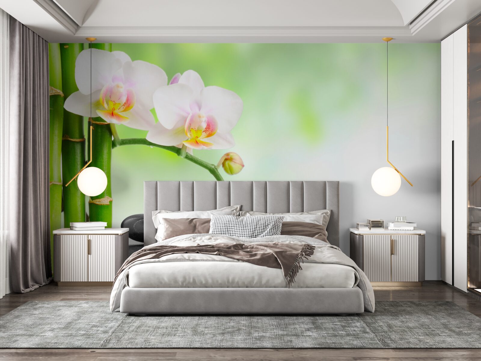 Fototapet orhidee albă, pietre și bambus