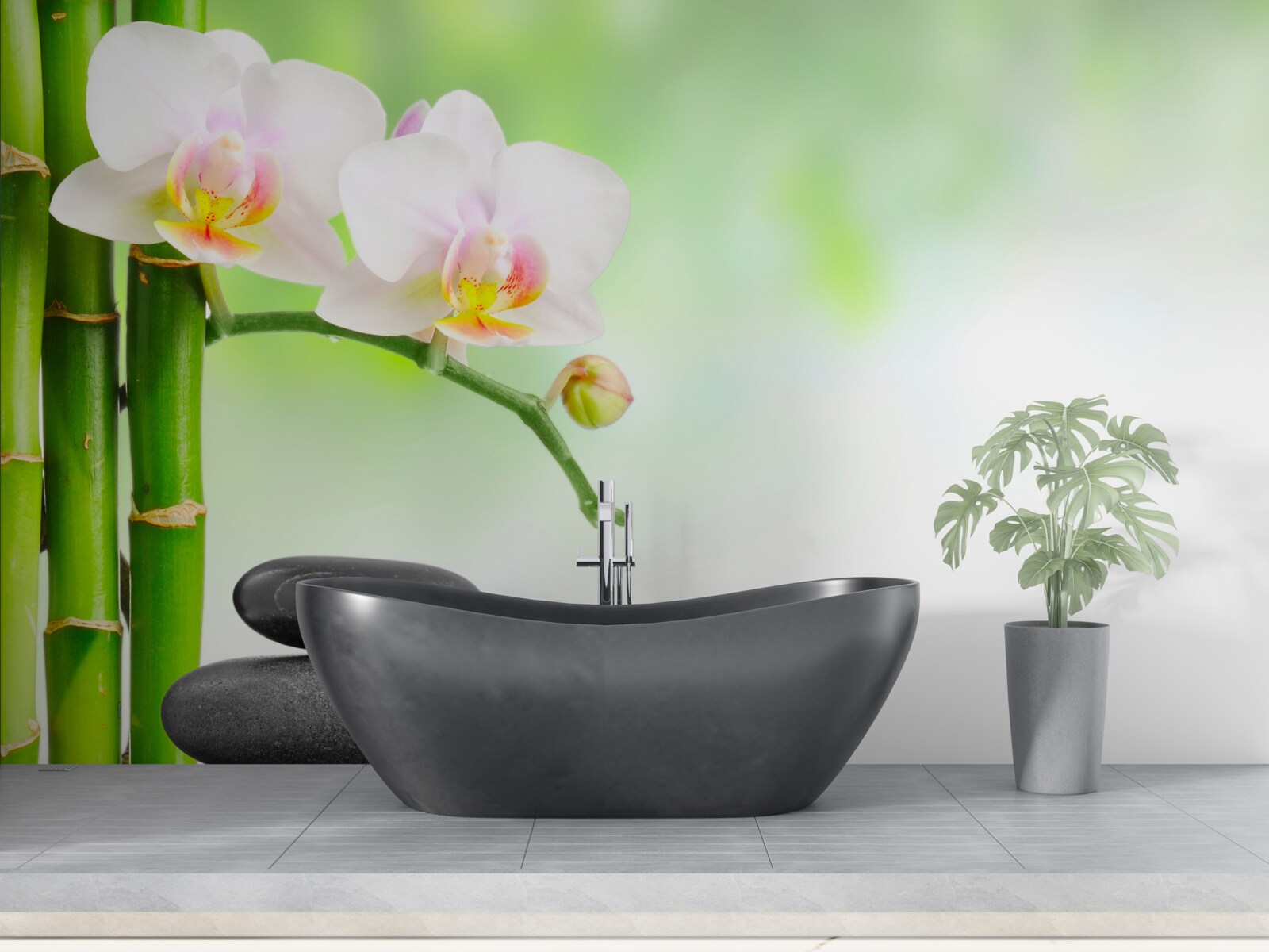 Fototapet orhidee albă, pietre și bambus