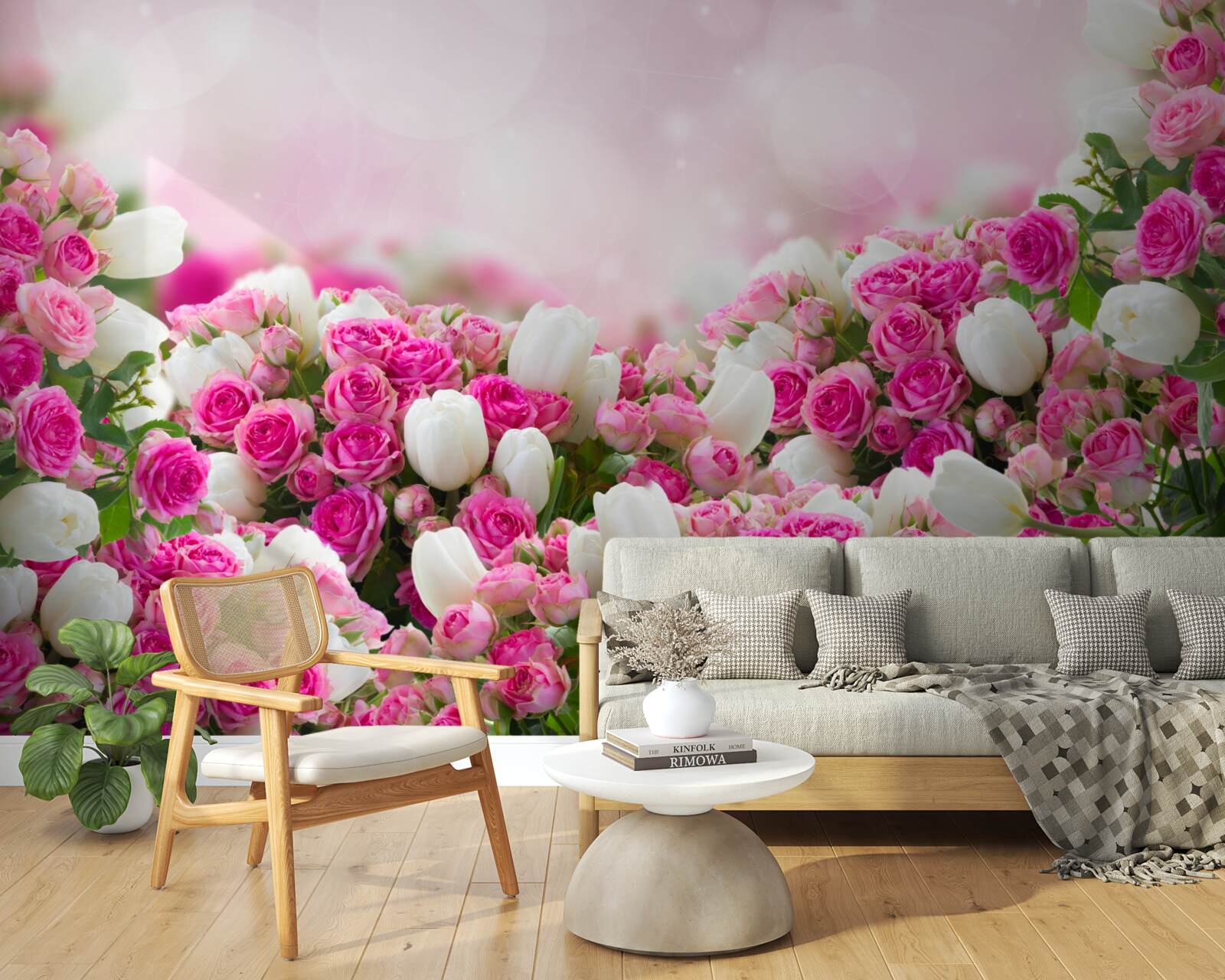 Fototapet trandafiri roz și lalele albe