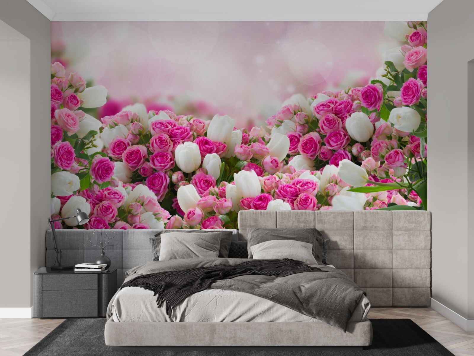 Fototapet trandafiri roz și lalele albe