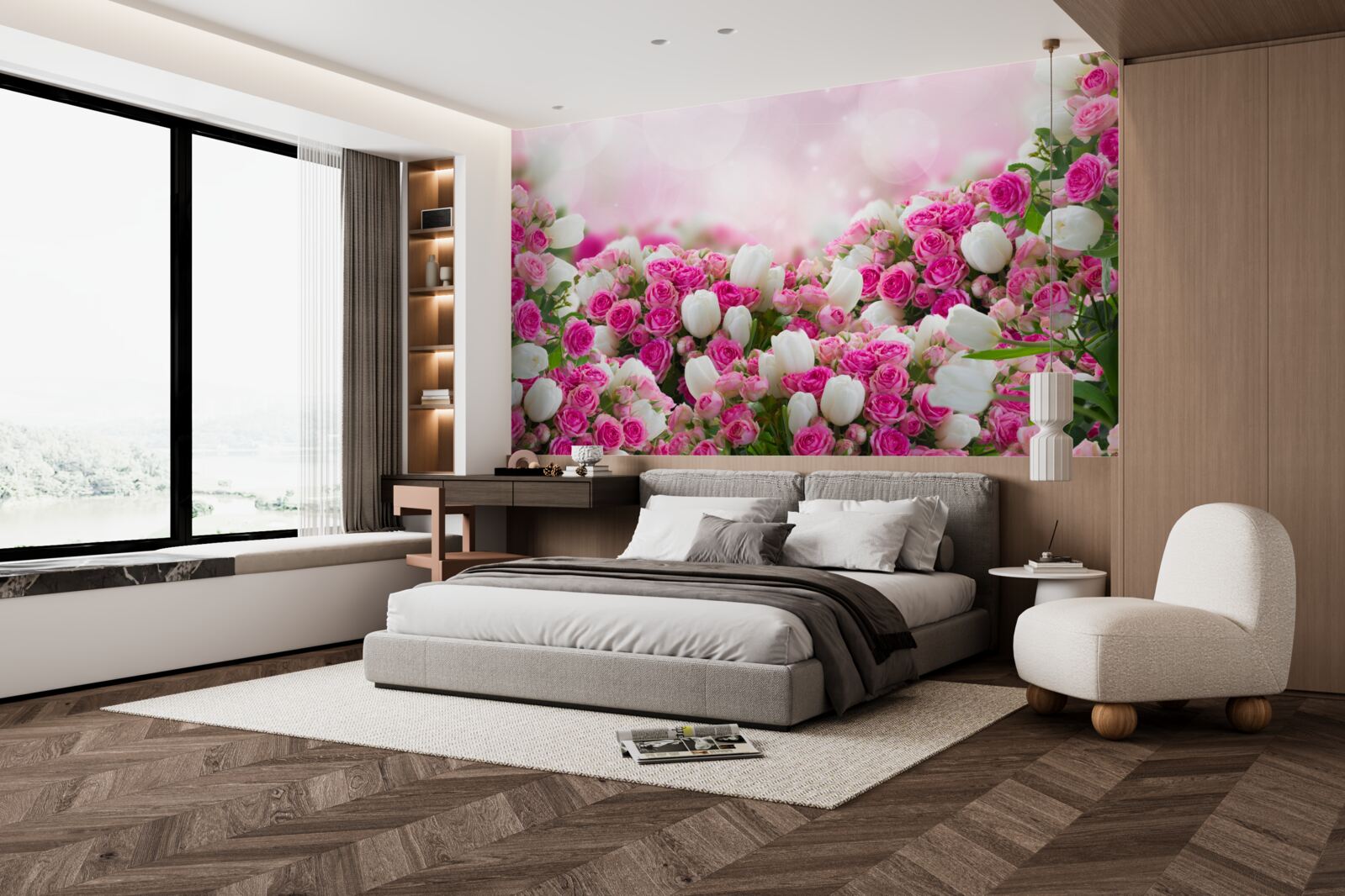 Fototapet trandafiri roz și lalele albe