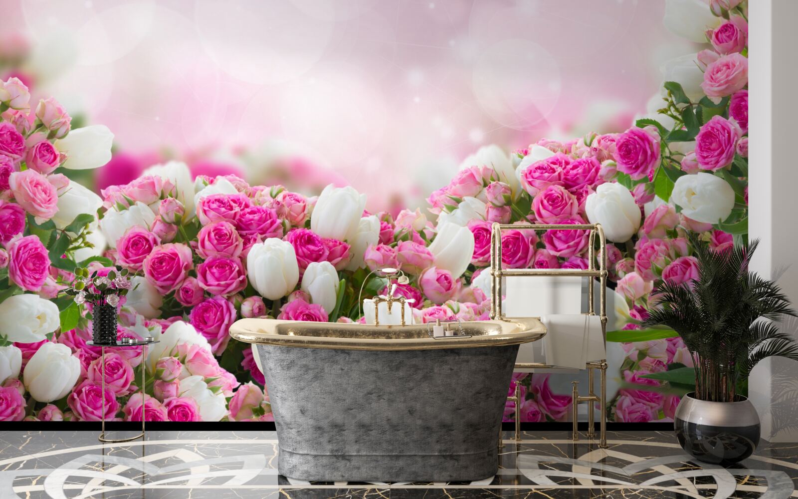 Fototapet trandafiri roz și lalele albe