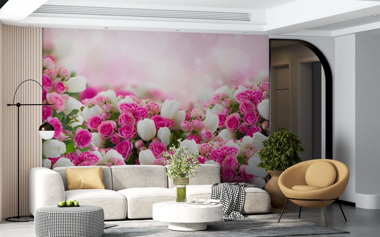 Fototapet trandafiri roz și lalele albe