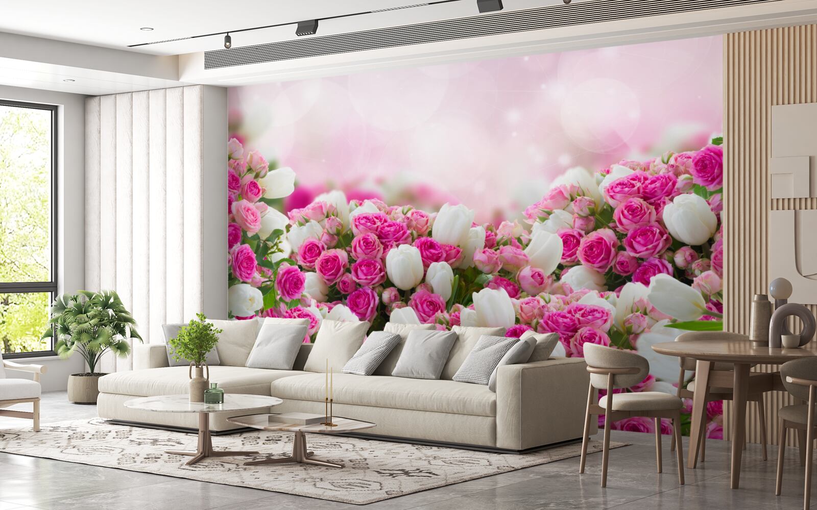 Fototapet trandafiri roz și lalele albe