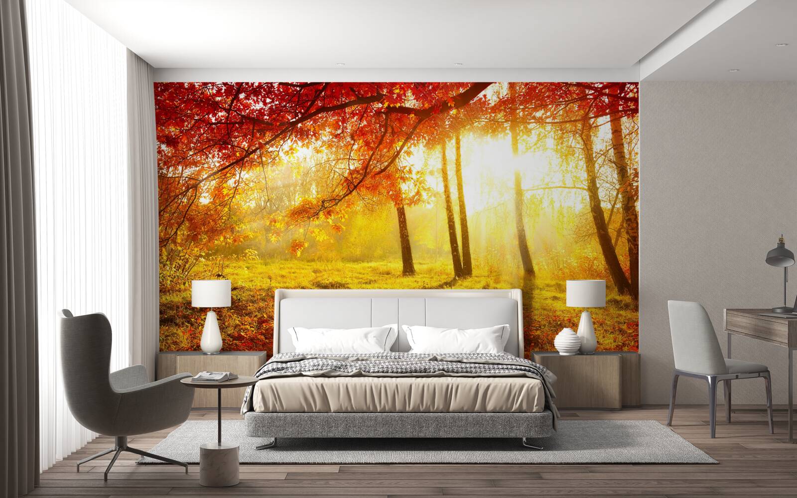 Fototapet raze reci de soare pătrund prin ceața de toamnă