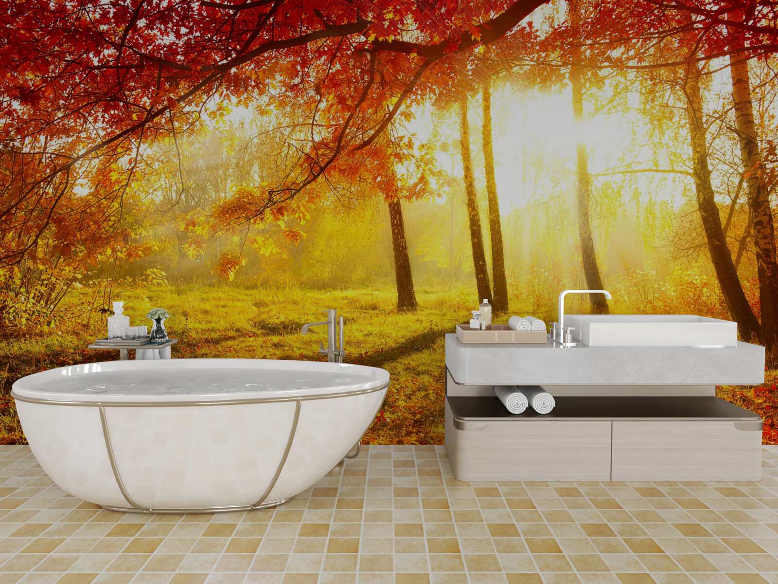 Fototapet raze reci de soare pătrund prin ceața de toamnă