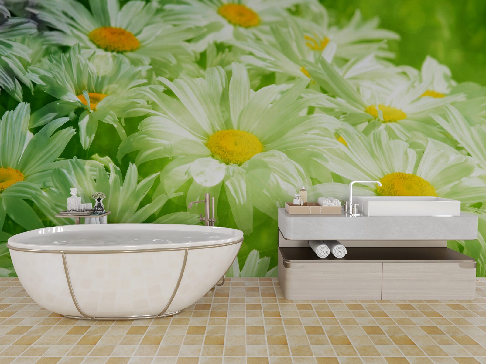 Fototapet margarete moi printre verdeață