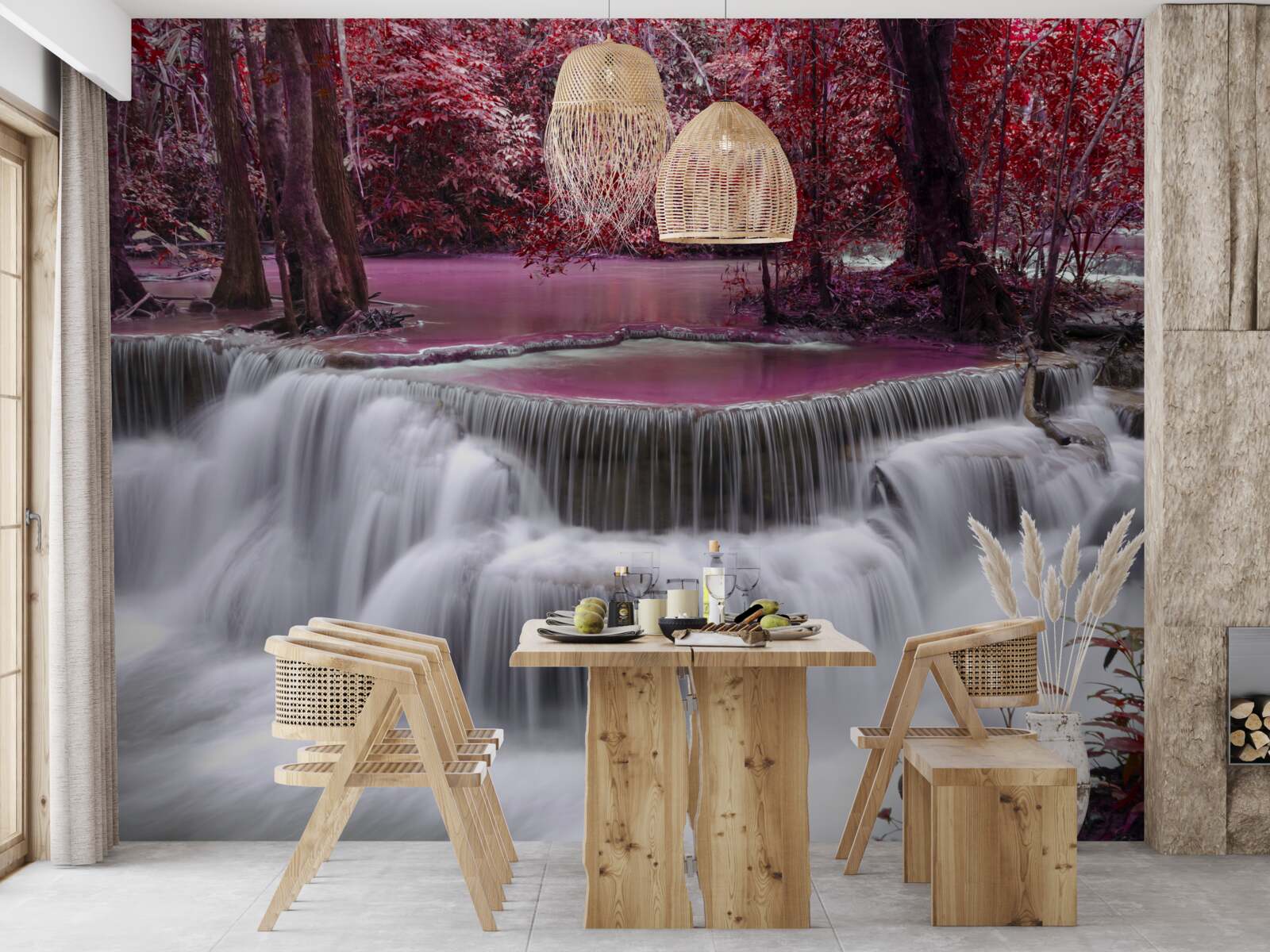 Fototapet cascadă de toamnă în pădure în culori roșii