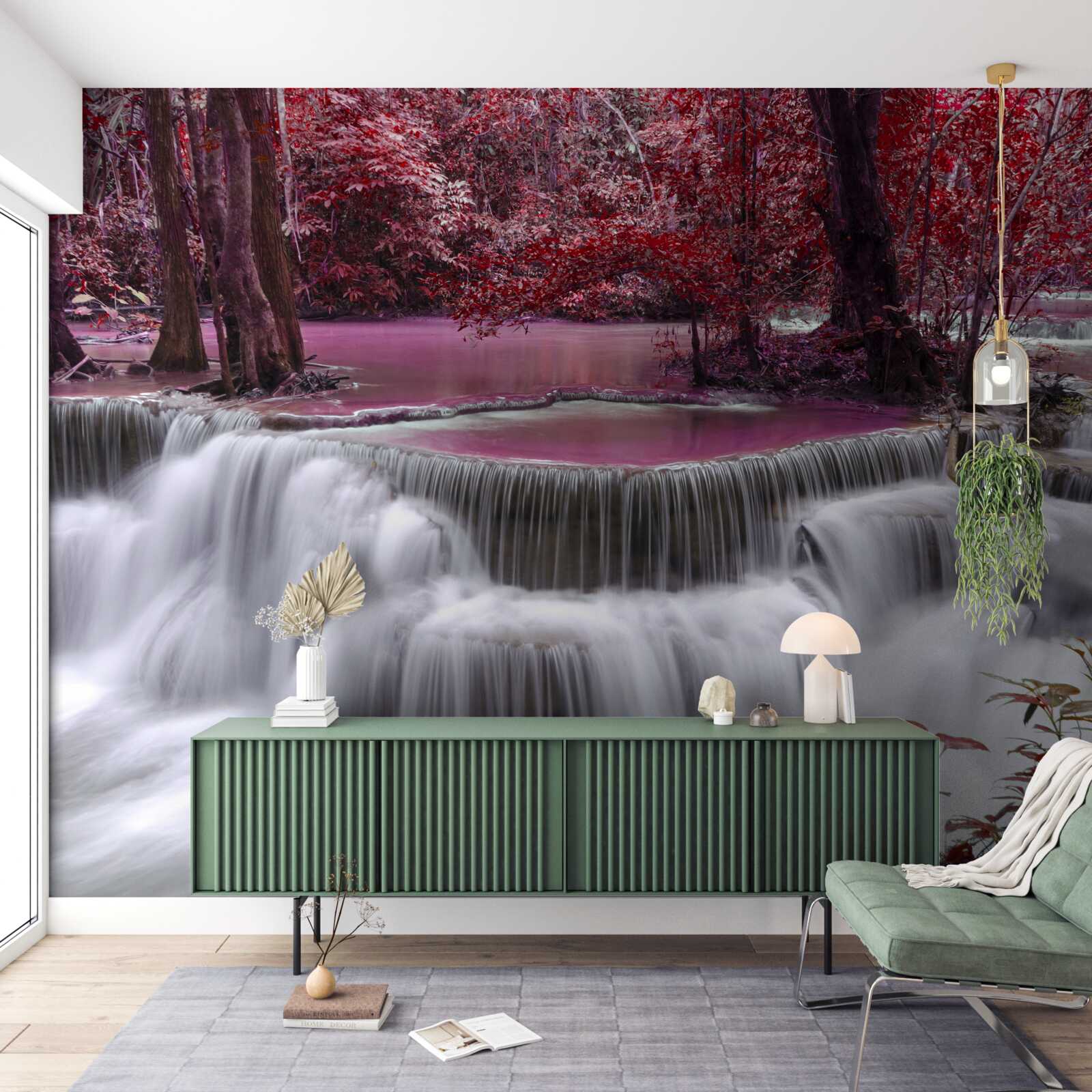 Fototapet cascadă de toamnă în pădure în culori roșii