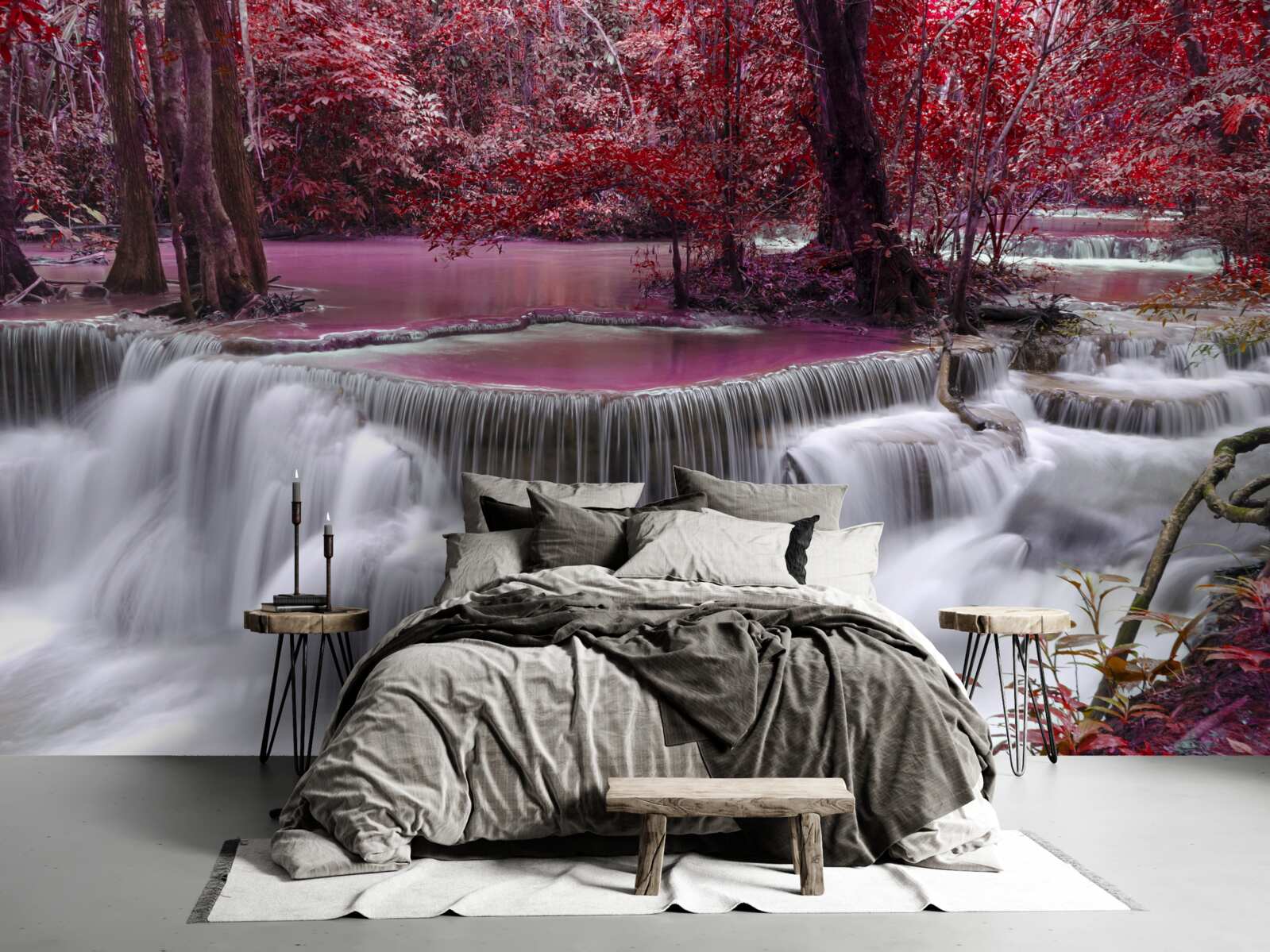 Fototapet cascadă de toamnă în pădure în culori roșii