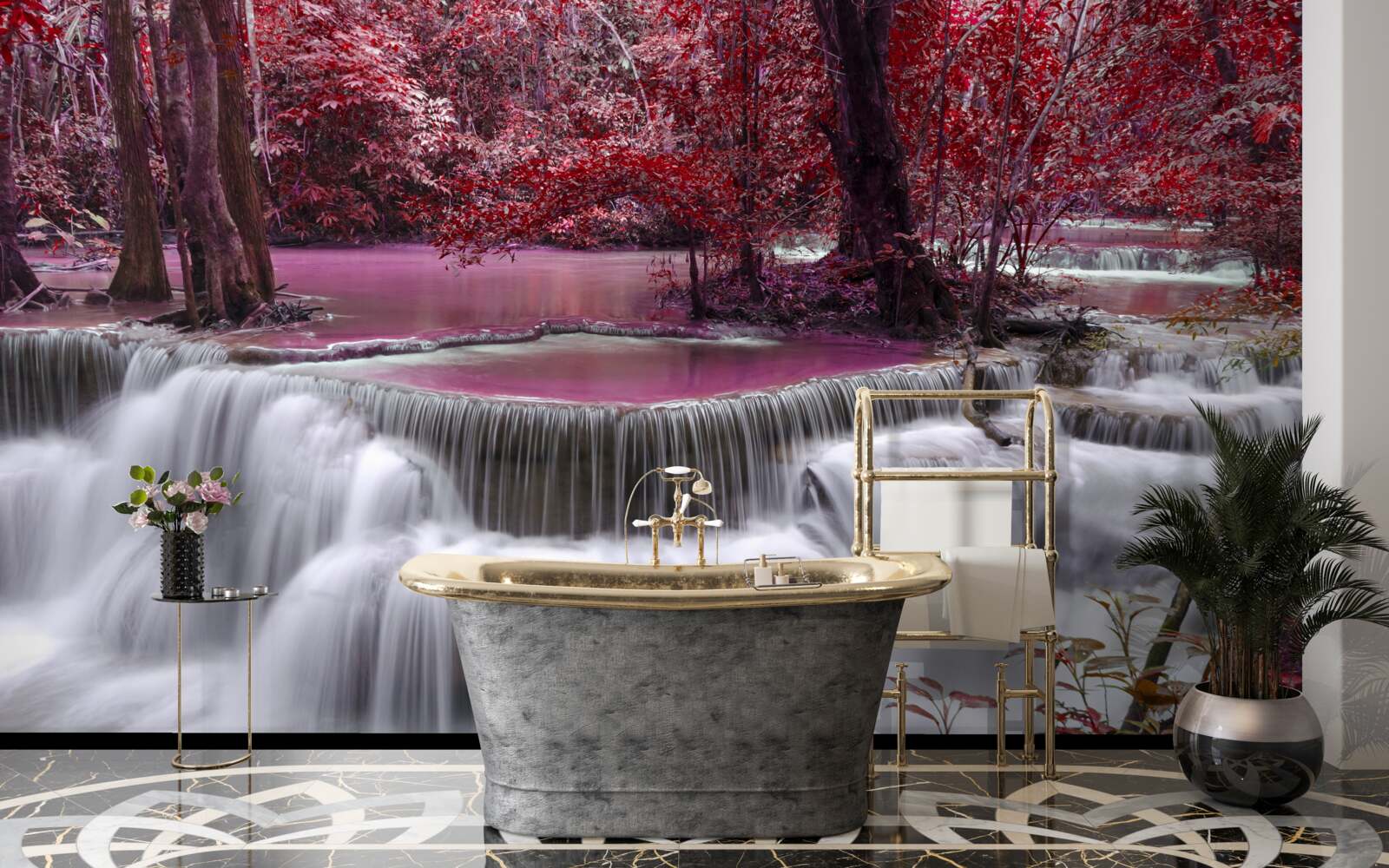 Fototapet cascadă de toamnă în pădure în culori roșii