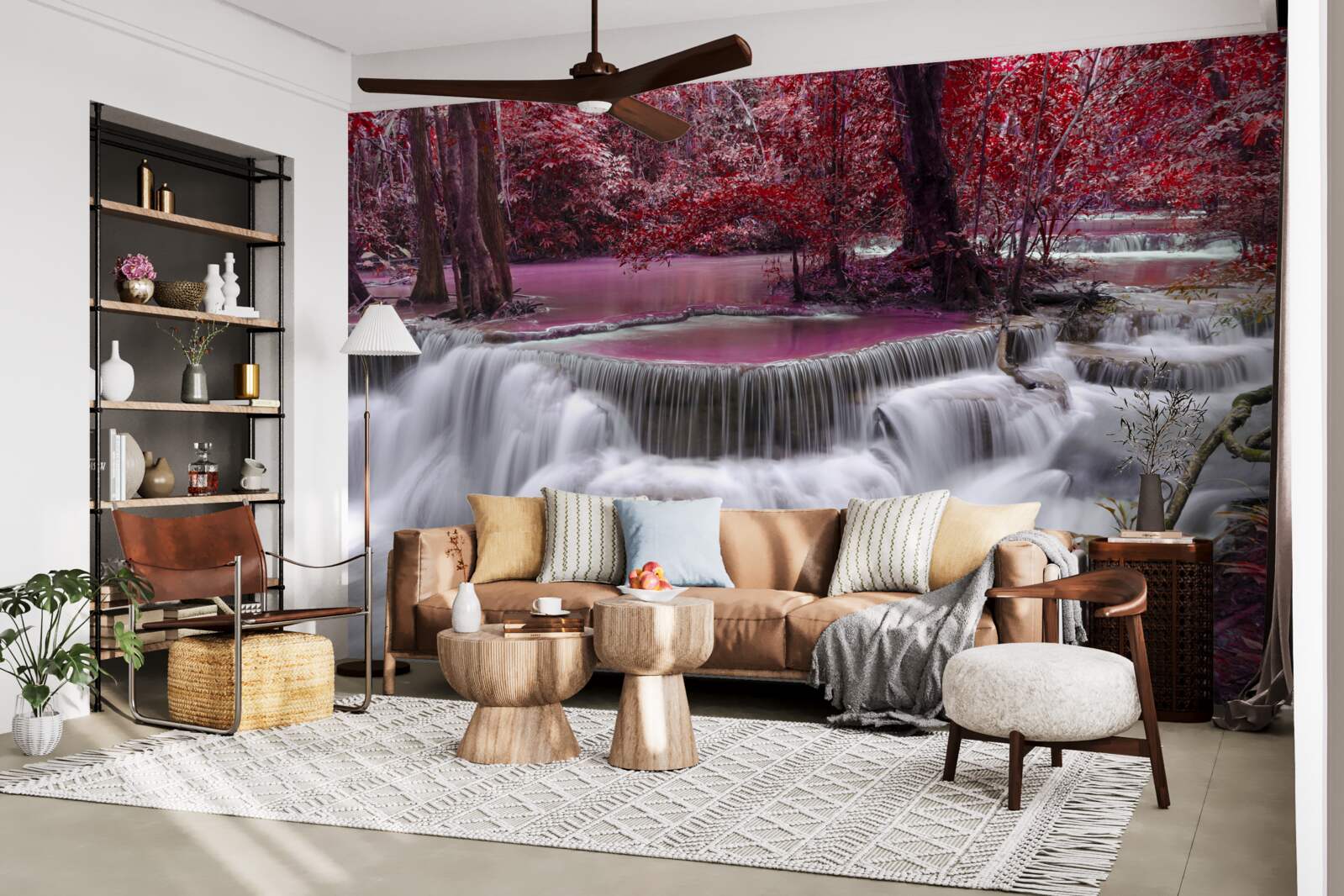 Fototapet cascadă de toamnă în pădure în culori roșii