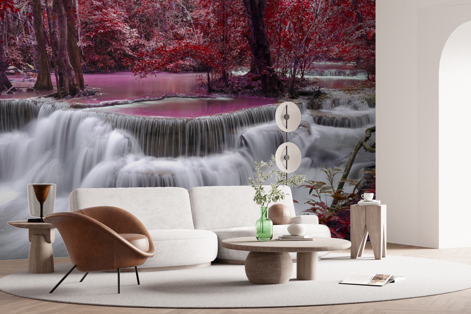 Fototapet cascadă de toamnă în pădure în culori roșii