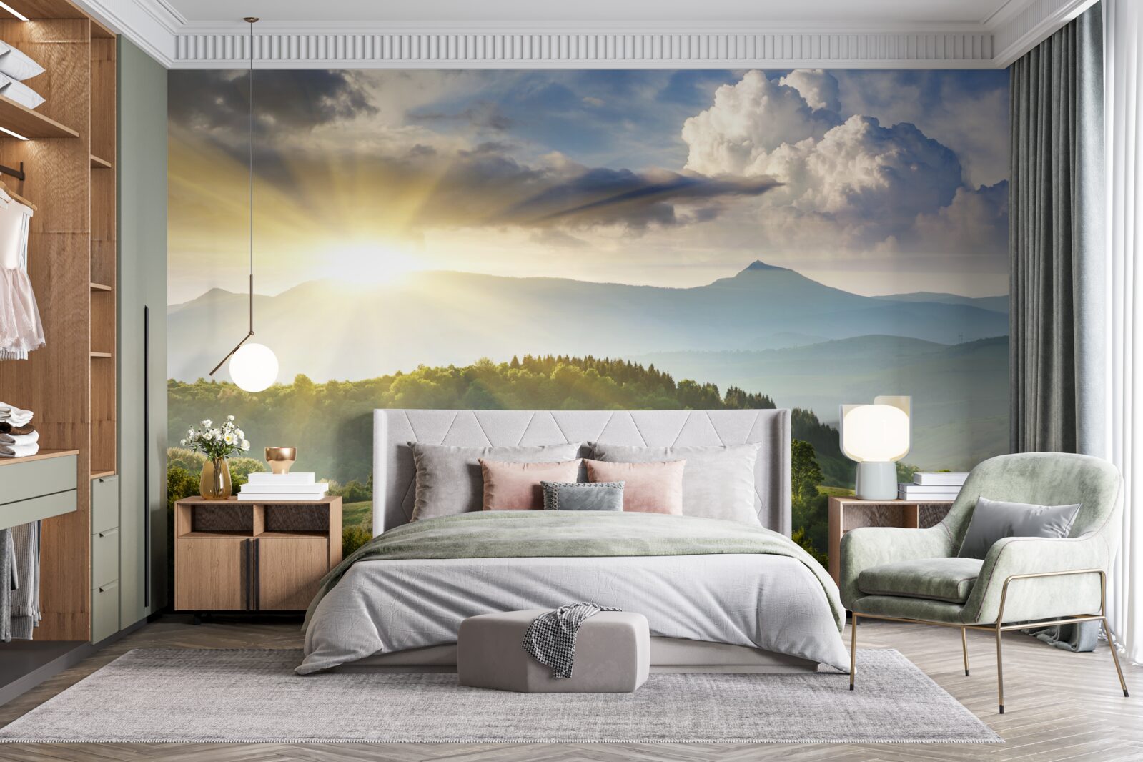 Fototapet soare de dimineață pe culmile munților