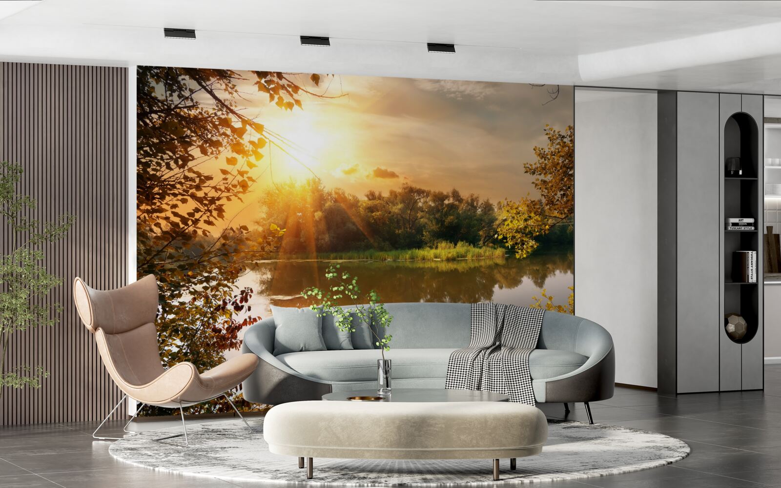 Fototapet soare peste un lac unde înoată o lebădă