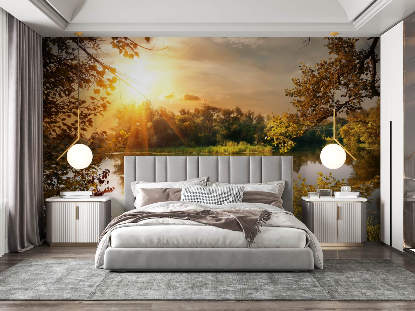 Fototapet soare peste un lac unde înoată o lebădă