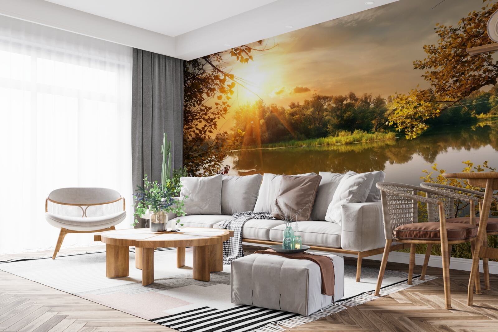 Fototapet soare peste un lac unde înoată o lebădă