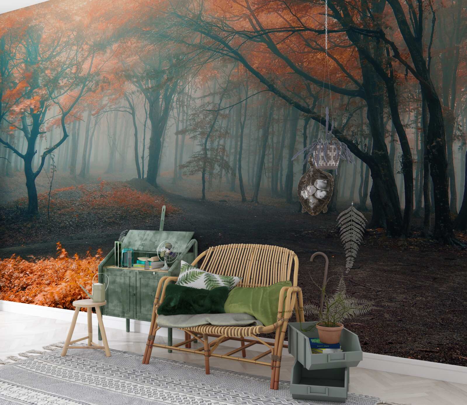 Fototapet O cărare printr-o pădure de toamnă învăluită în ceață