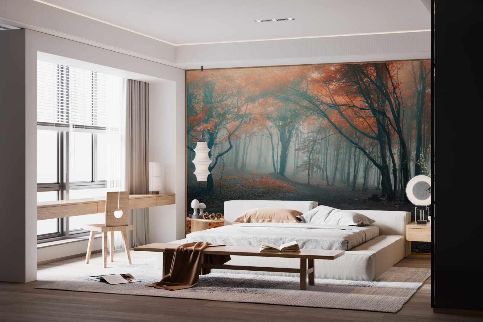 Fototapet O cărare printr-o pădure de toamnă învăluită în ceață