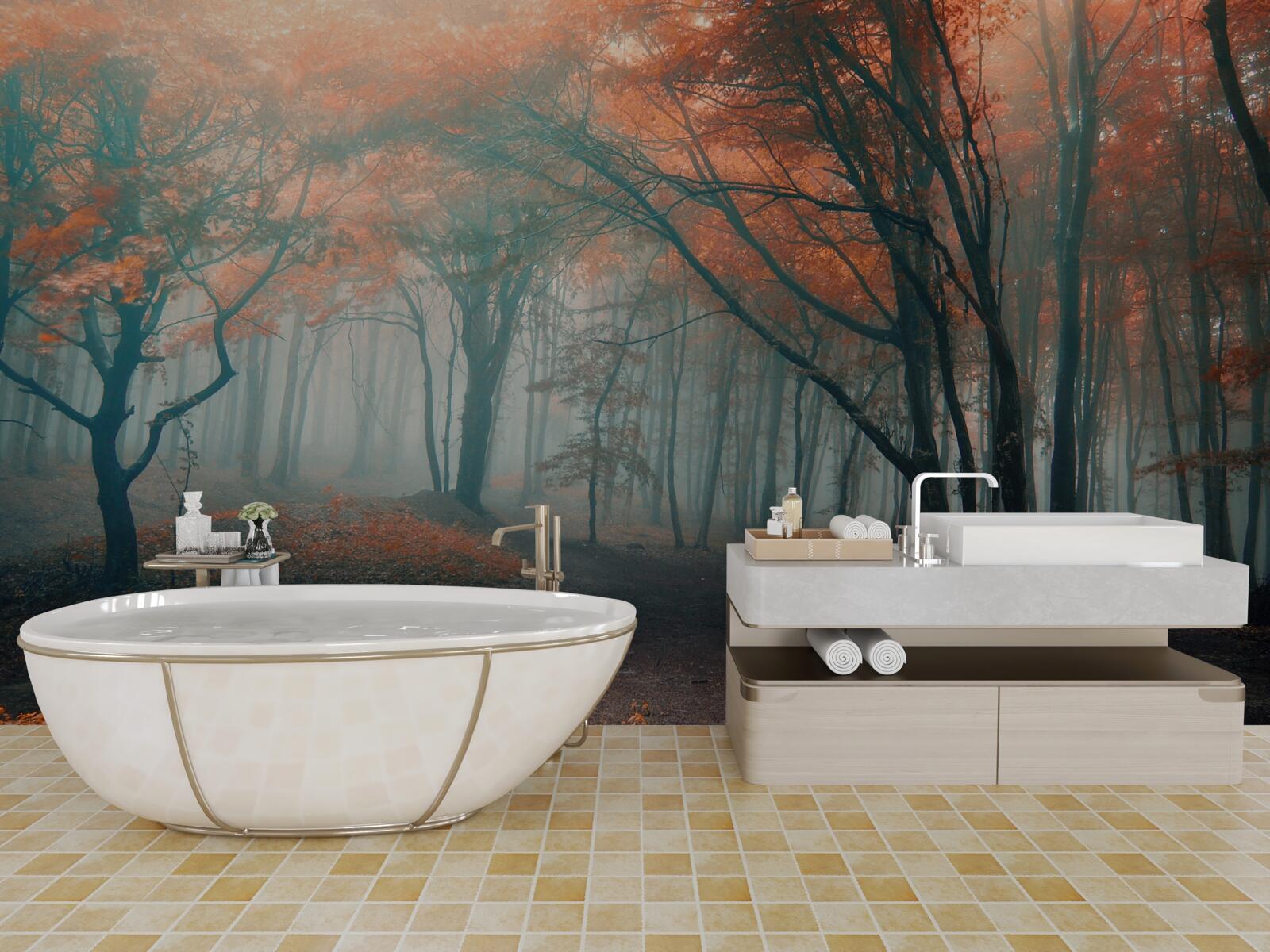 Fototapet O cărare printr-o pădure de toamnă învăluită în ceață