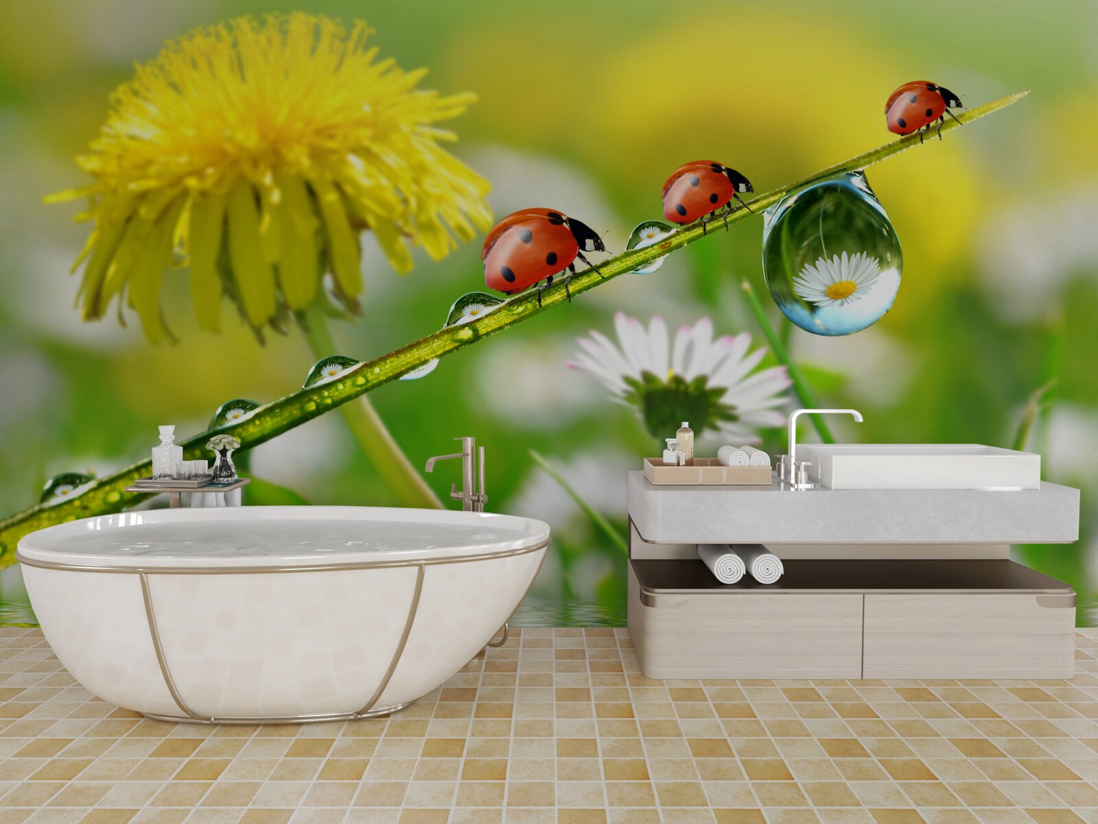 Fototapet gărgăriță și păpădie după o furtună