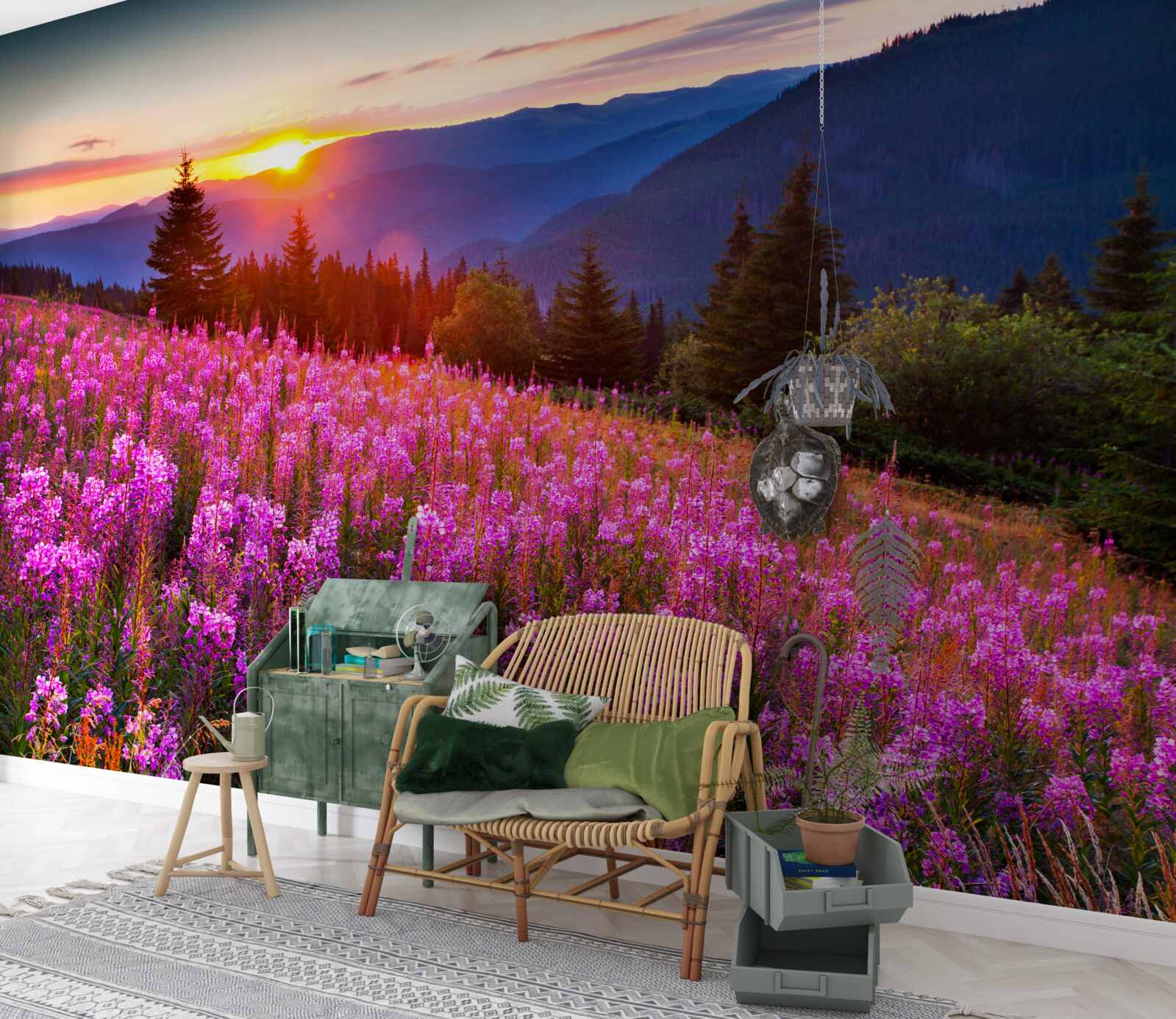 Fototapet o mănăstire deasupra unei pajiști de munte înfloritoare