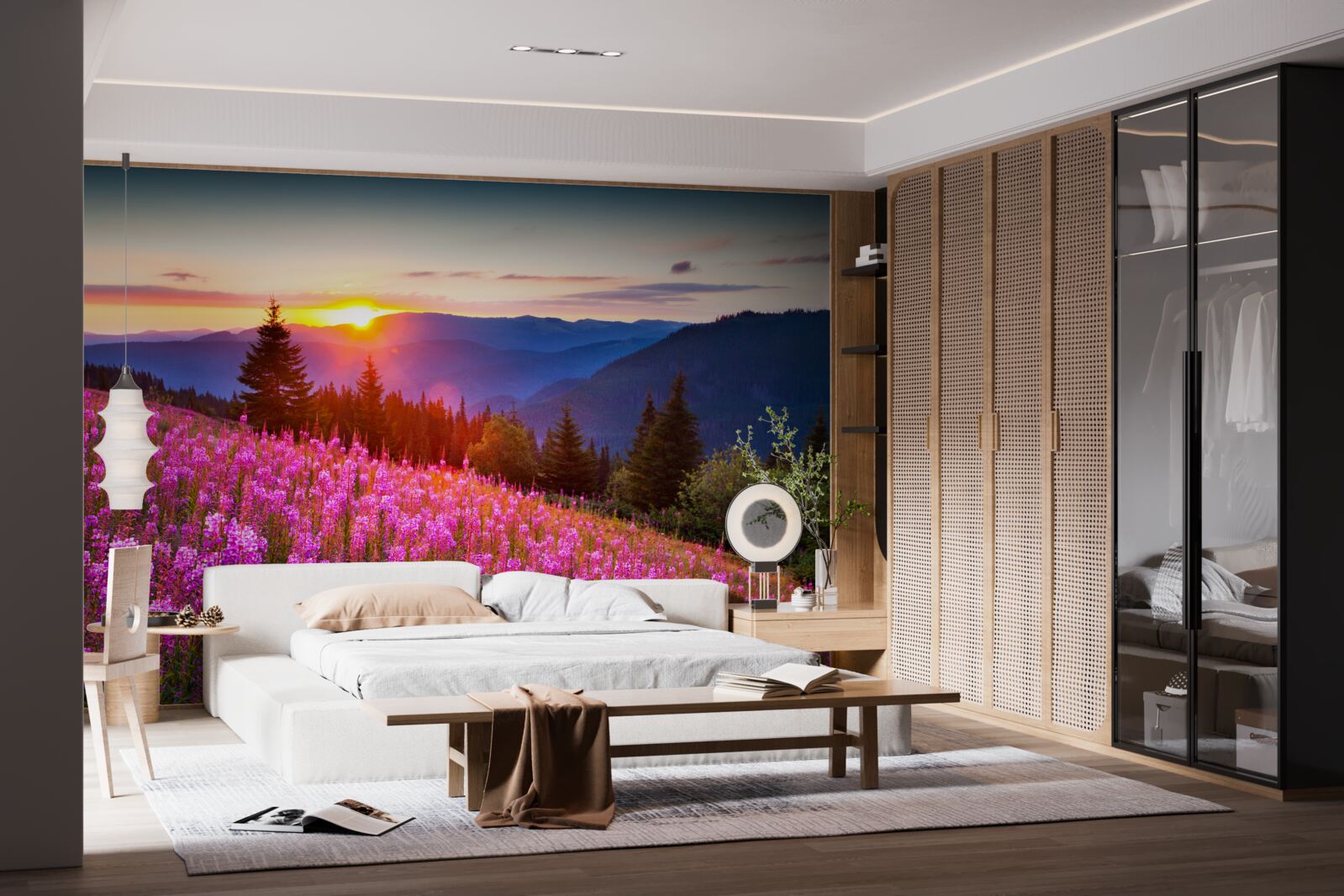 Fototapet o mănăstire deasupra unei pajiști de munte înfloritoare