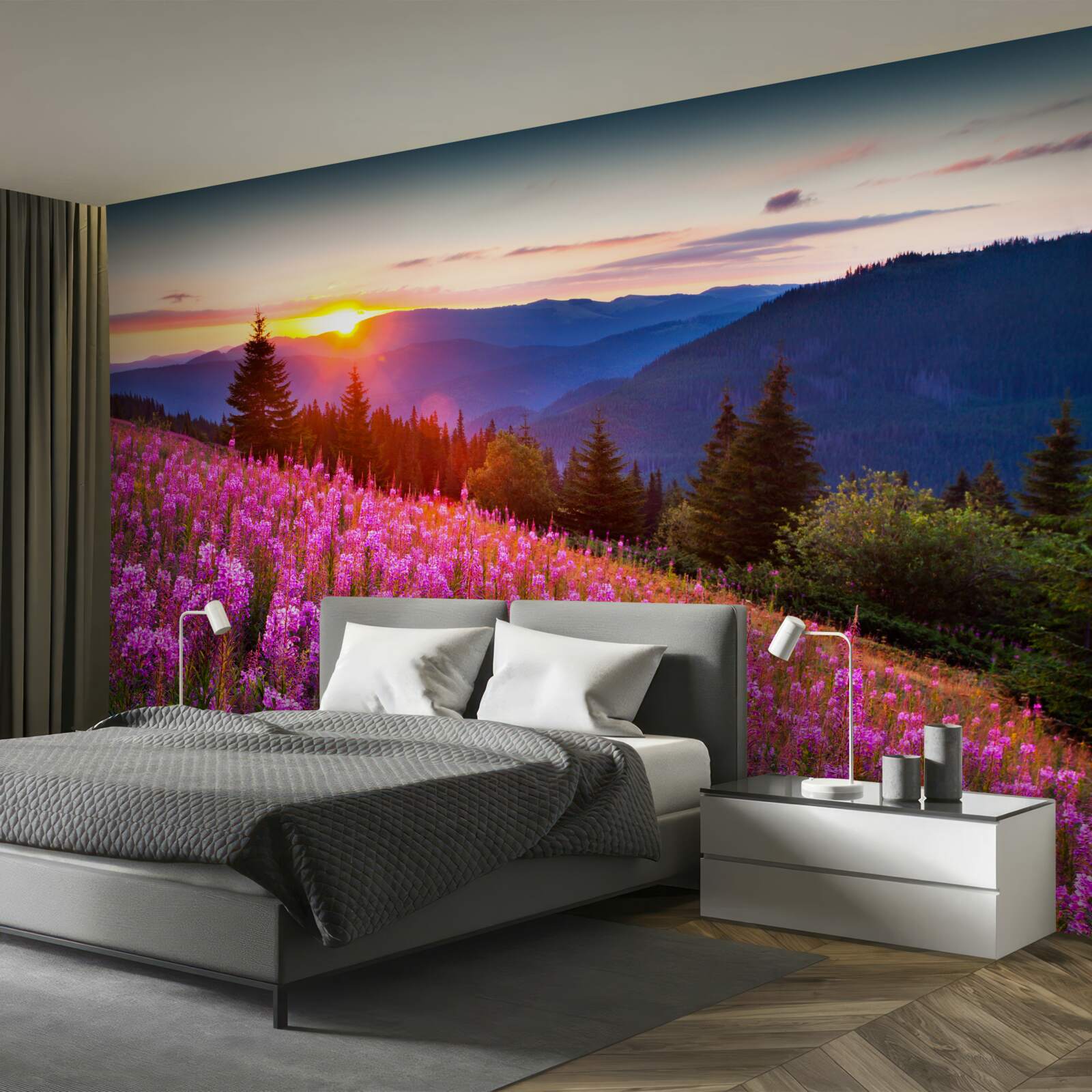 Fototapet o mănăstire deasupra unei pajiști de munte înfloritoare