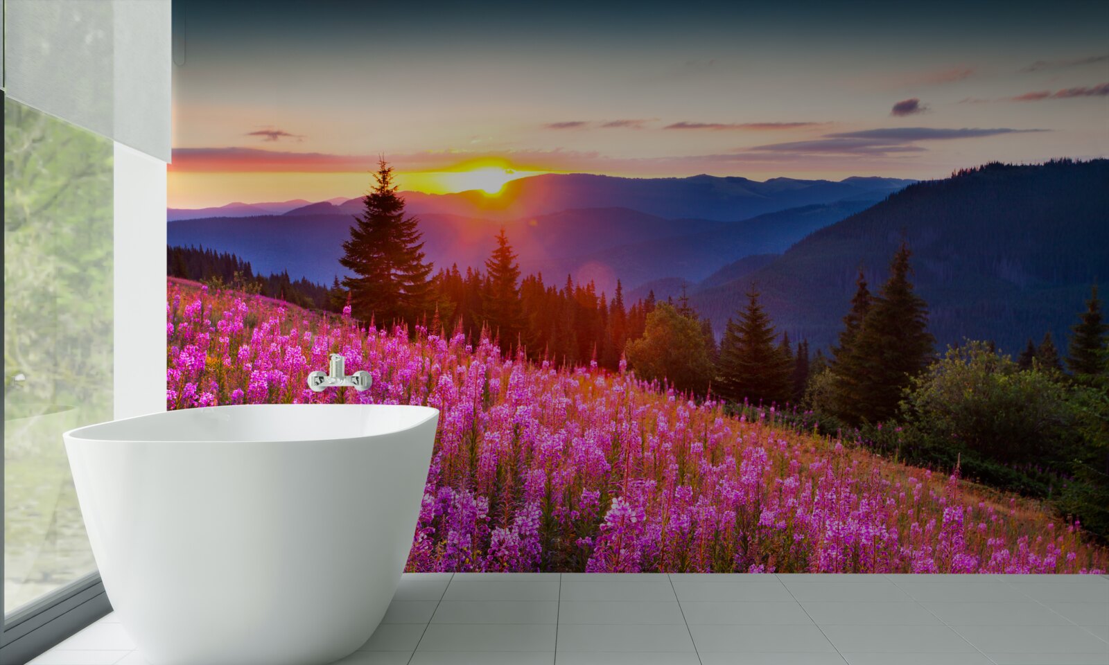 Fototapet o mănăstire deasupra unei pajiști de munte înfloritoare