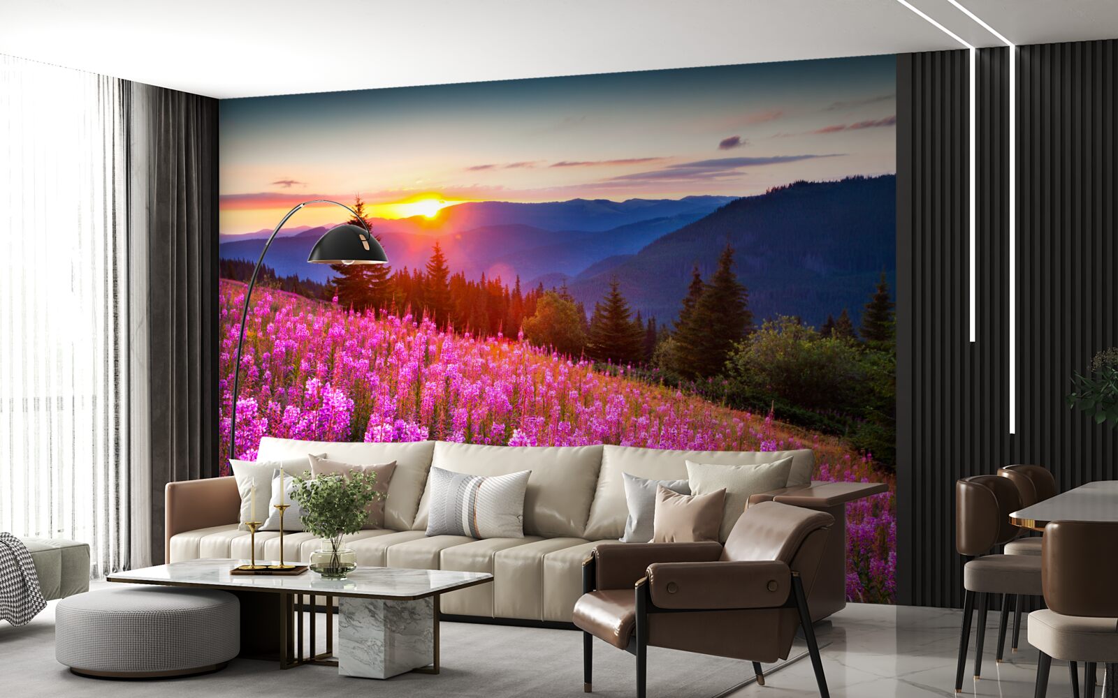 Fototapet o mănăstire deasupra unei pajiști de munte înfloritoare