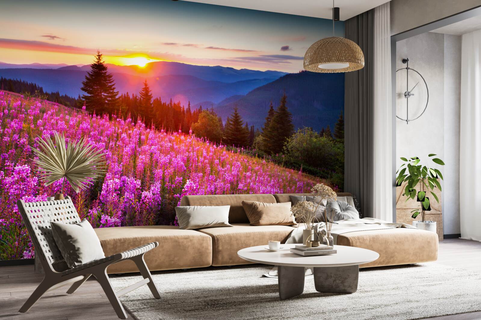 Fototapet o mănăstire deasupra unei pajiști de munte înfloritoare