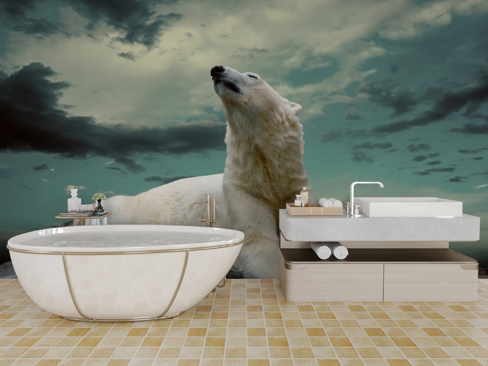 Fototapet urs polar odihnindu-se pe o stâncă