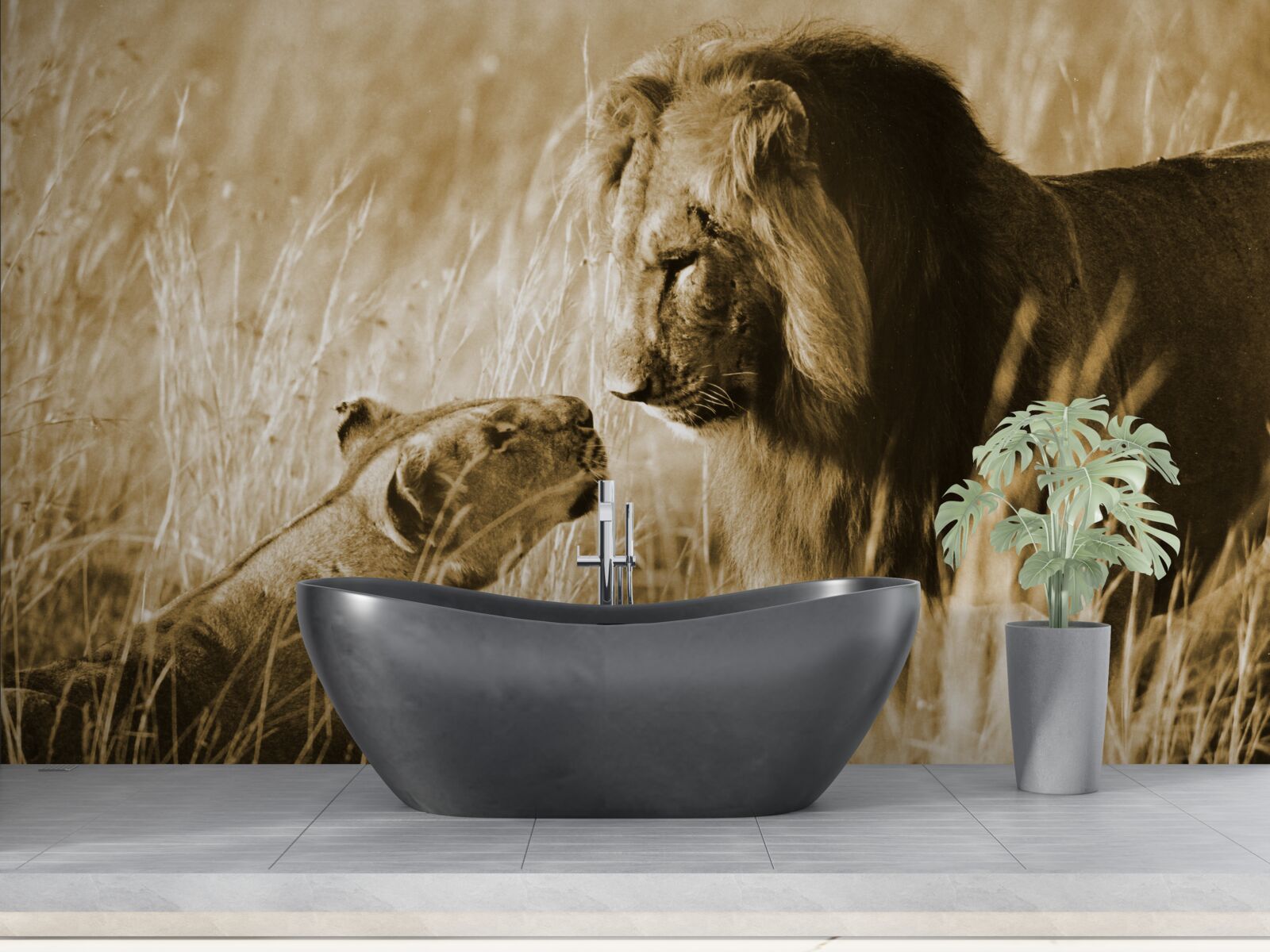 Fototapet leul și leoaica ajung să se cunoască