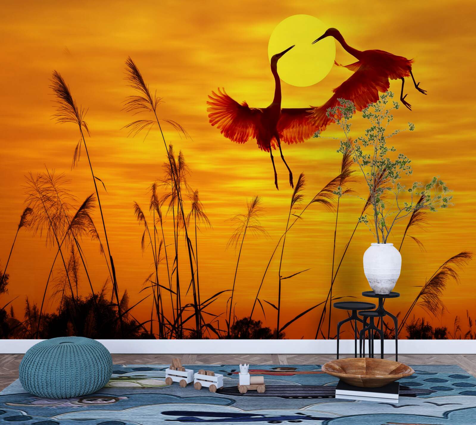 Fototapet apusul este însoțit de un stol de cocori