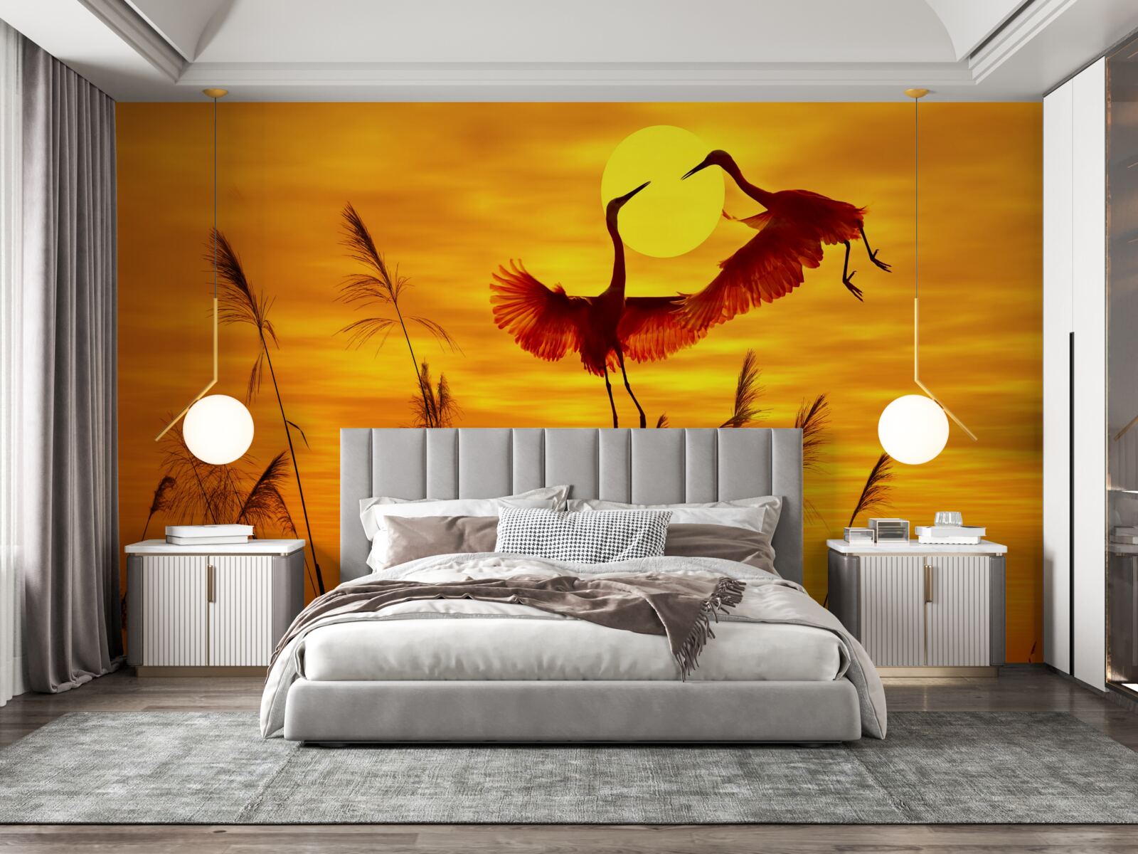 Fototapet apusul este însoțit de un stol de cocori