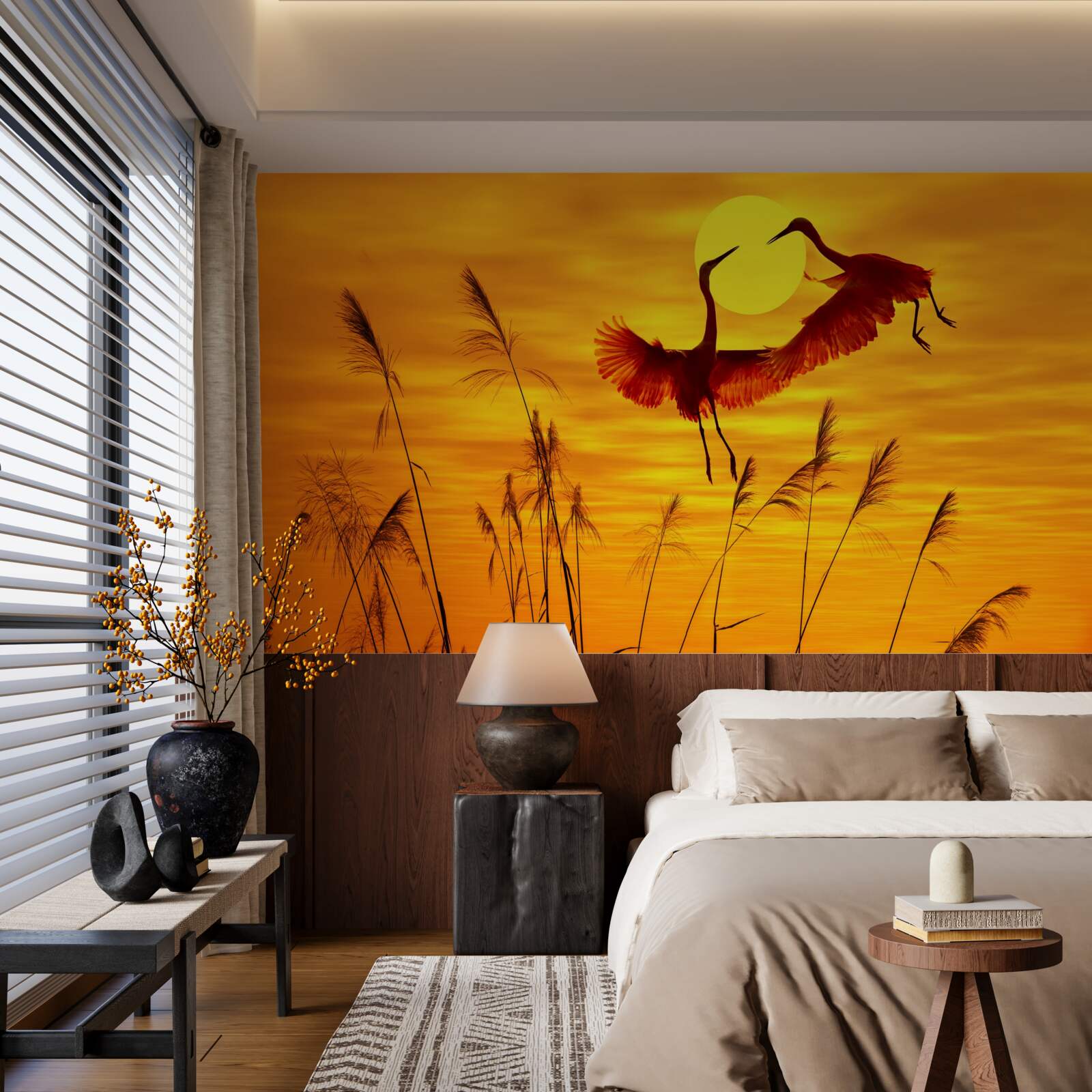 Fototapet apusul este însoțit de un stol de cocori