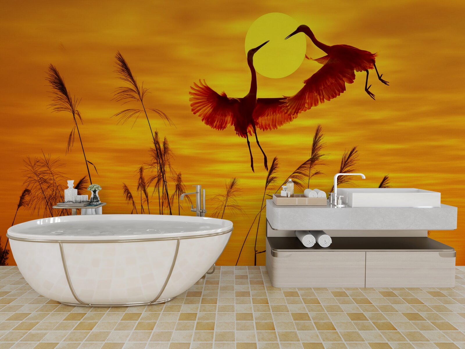 Fototapet apusul este însoțit de un stol de cocori